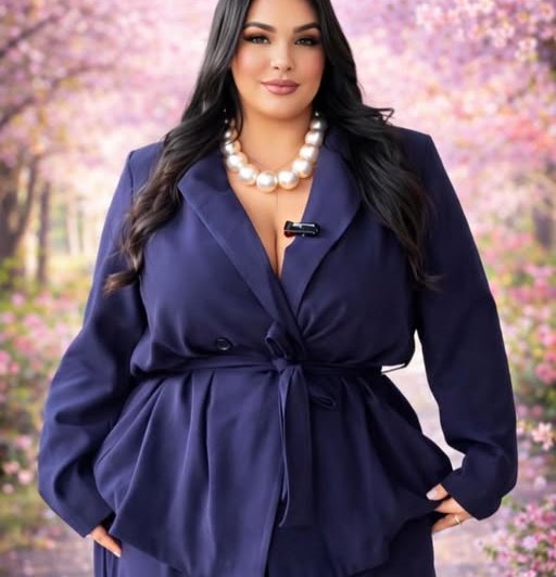 Blazer blu con cintura in vita, indossato